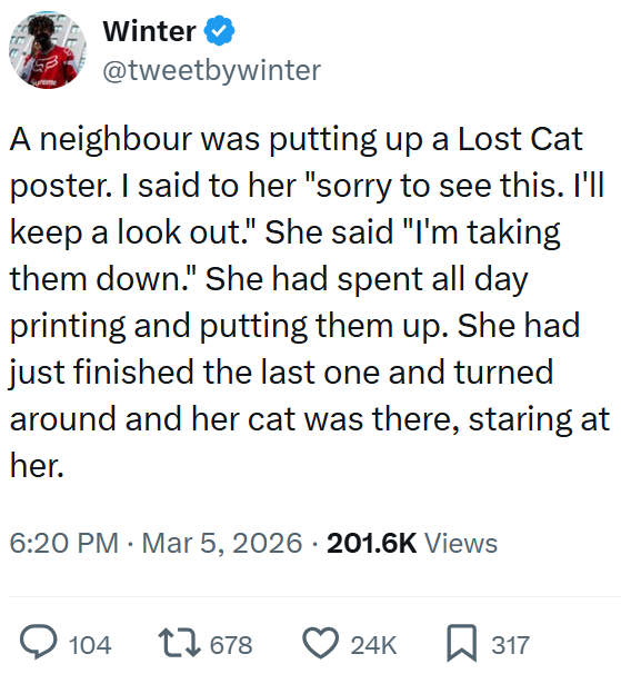 Winter @tweetbywinter A neighbour was putting up a Lost Cat poster. I said to her "sorry to see this. I'll keep a look out." She said "I'm taking them down." She had spent all day printing and putting them up. She had just finished the last one and turned around and her cat was there, staring at her. 6:20 PM · Mar 5, 2026 201.6K Views 104 17678 24K ☐ 317