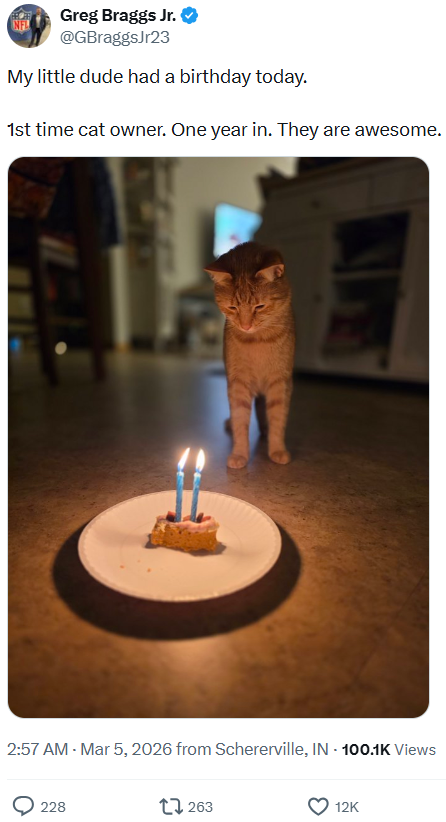 Greg Braggs Jr. @GBraggsJr23 My little dude had a birthday today. 1st time cat owner. One year in. They are awesome. 2:57 AM - Mar 5, 2026 from Schererville, IN - 100.1K Views 228 263 12K
