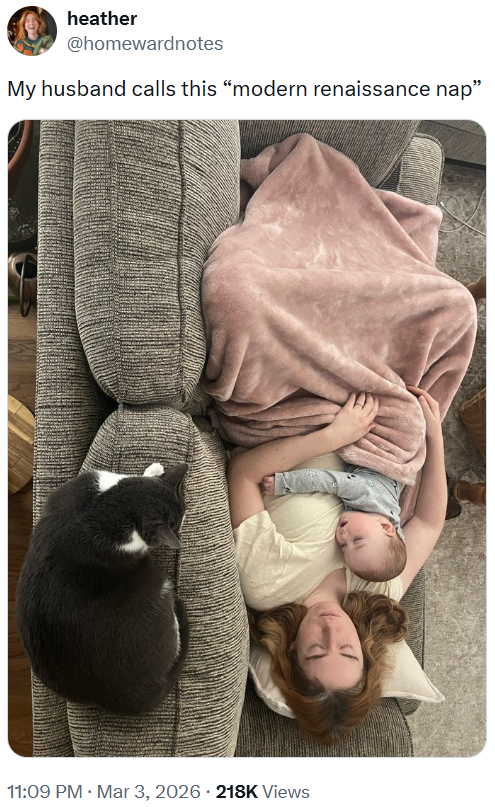 heather @homewardnotes My husband calls this “modern renaissance nap" 11:09 PM · Mar 3, 2026 218K Views