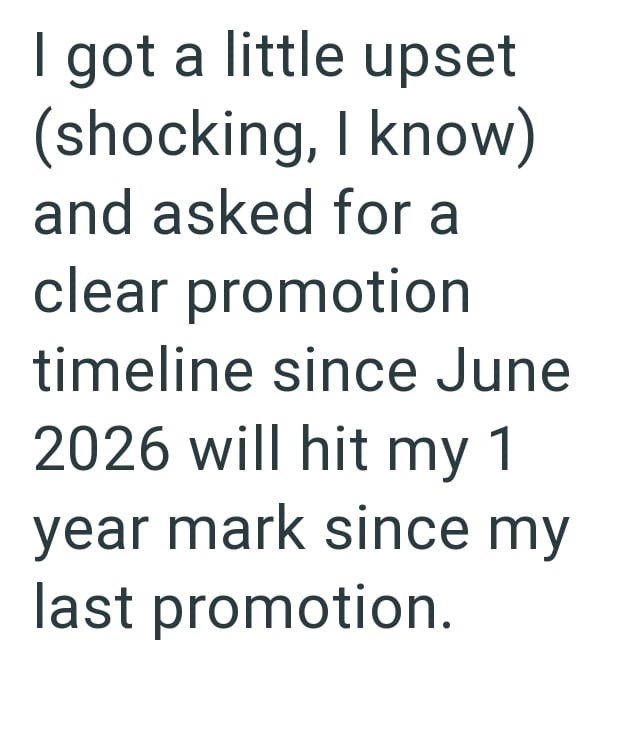 I got a little upset (shocking, I know) and asked for a clear promotion timeline since June 2026 will hit my 1 year mark since my last promotion.