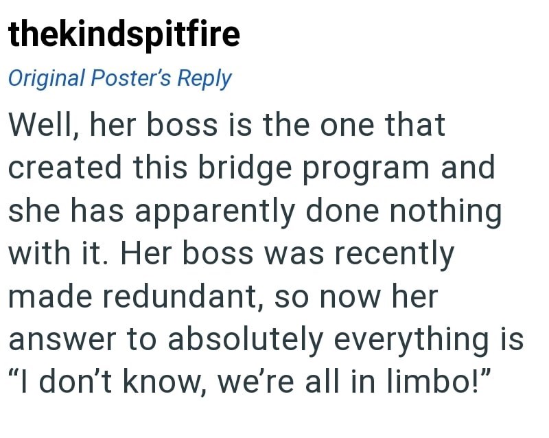 thekindspitfire Original Poster's Reply Well, her boss is the one that created this bridge program and she has apparently done nothing with it. Her boss was recently made redundant, so now her answer to absolutely everything is "I don't know, we're all in limbo!"