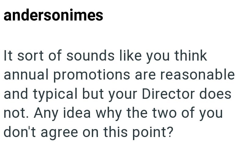 andersonimes It sort of sounds like you think annual promotions are reasonable and typical but your Director does not. Any idea why the two of you don't agree on this point?