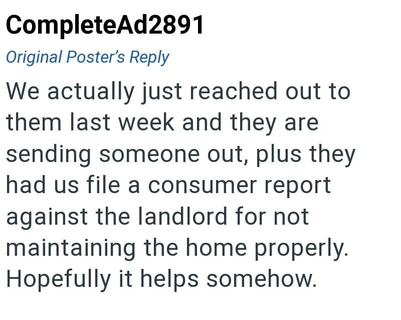 CompleteAd2891 Original Poster's Reply We actually just reached out to them last week and they are sending someone out, plus they had us file a consumer report against the landlord for not maintaining the home properly. Hopefully it helps somehow.