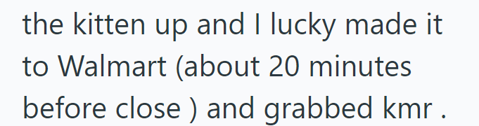 the kitten up and I lucky made it to Walmart (about 20 minutes before close) and grabbed kmr.