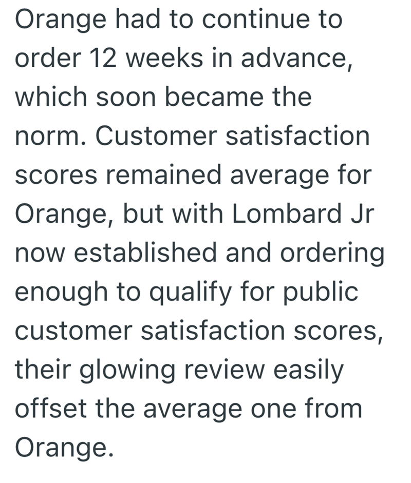 Orange had to continue to order 12 weeks in advance, which soon became the norm. Customer satisfaction scores remained average for Orange, but with Lombard Jr now established and ordering enough to qualify for public customer satisfaction scores, their glowing review easily offset the average one from Orange.