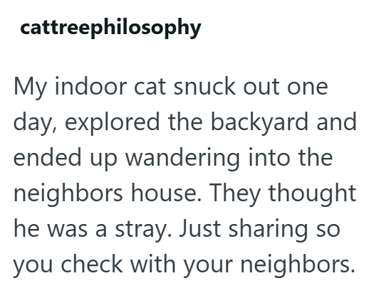 cattreephilosophy My indoor cat snuck out one day, explored the backyard and ended up wandering into the neighbors house. They thought he was a stray. Just sharing so you check with your neighbors.