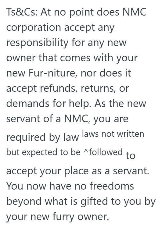 Ts&Cs: At no point does NMC corporation accept any responsibility for any new owner that comes with your new Fur-niture, nor does it accept refunds, returns, or demands for help. As the new servant of a NMC, you are required by law laws not written but expected to be ^followed to accept your place as a servant. You now have no freedoms beyond what is gifted to you by your new furry owner.