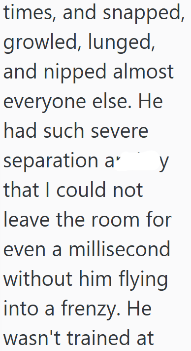 times, and snapped, growled, lunged, and nipped almost everyone else. He had such severe separation a* y that I could not leave the room for even a millisecond without him flying into a frenzy. He wasn't trained at