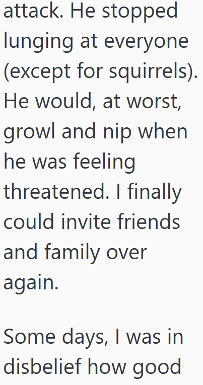 attack. He stopped lunging at everyone (except for squirrels). He would, at worst, growl and nip when he was feeling threatened. I finally could invite friends and family over again. Some days, I was in disbelief how good