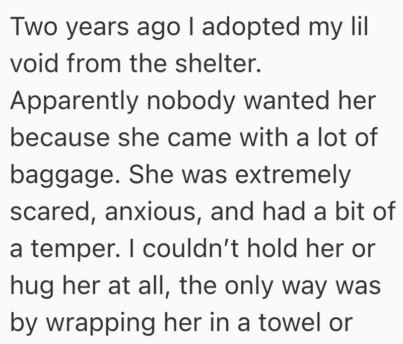 Two years ago I adopted my lil void from the shelter. Apparently nobody wanted her because she came with a lot of baggage. She was extremely scared, anxious, and had a bit of a temper. I couldn't hold her or hug her at all, the only way was by wrapping her in a towel or