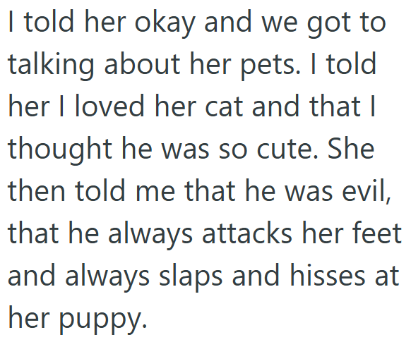 I told her okay and we got to talking about her pets. I told her I loved her cat and that I thought he was so cute. She then told me that he was evil, that he always attacks her feet and always slaps and hisses at her puppy.