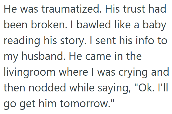 He was traumatized. His trust had been broken. I bawled like a baby reading his story. I sent his info to my husband. He came in the livingroom where I was crying and then nodded while saying, "Ok. I'll go get him tomorrow."
