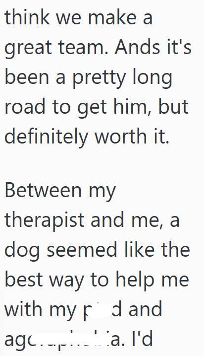 think we make a great team. Ands it's been a pretty long road to get him, but definitely worth it. Between my therapist and me, a dog seemed like the best way to help me with my rd and aga. I'd