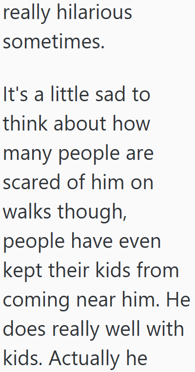 really hilarious sometimes. It's a little sad to think about how many people are scared of him on walks though, people have even kept their kids from coming near him. He does really well with kids. Actually he