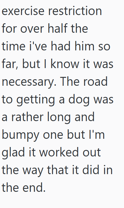 exercise restriction for over half the time i've had him so far, but I know it was necessary. The road to getting a dog was a rather long and bumpy one but I'm glad it worked out the way that it did in the end.
