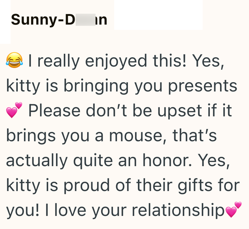 Sunny-D in I really enjoyed this! Yes, kitty is bringing you presents Please don't be upset if it brings you a mouse, that's actually quite an honor. Yes, kitty is proud of their gifts for you! I love your relationship❤❤