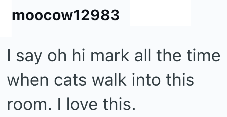 moocow12983 I say oh hi mark all the time when cats walk into this room. I love this.
