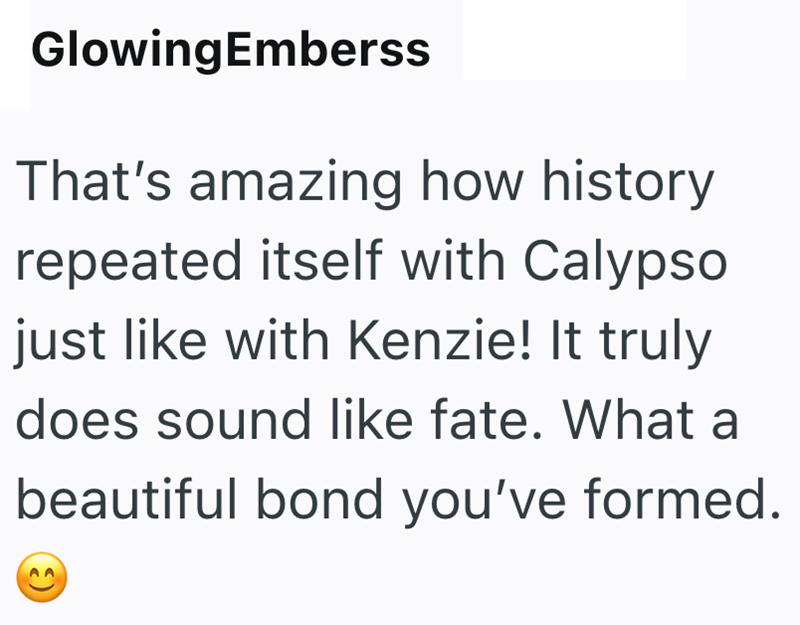 GlowingEmberss That's amazing how history. repeated itself with Calypso just like with Kenzie! It truly does sound like fate. What a beautiful bond you've formed.