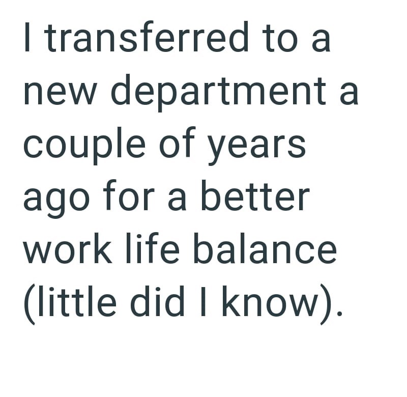 I transferred to a new department a couple of years ago for a better work life balance (little did I know).