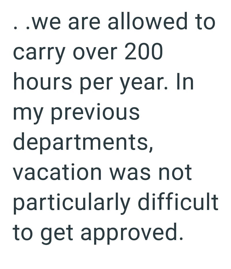..we are allowed to carry over 200 hours per year. In my previous departments, vacation was not particularly difficult to get approved.