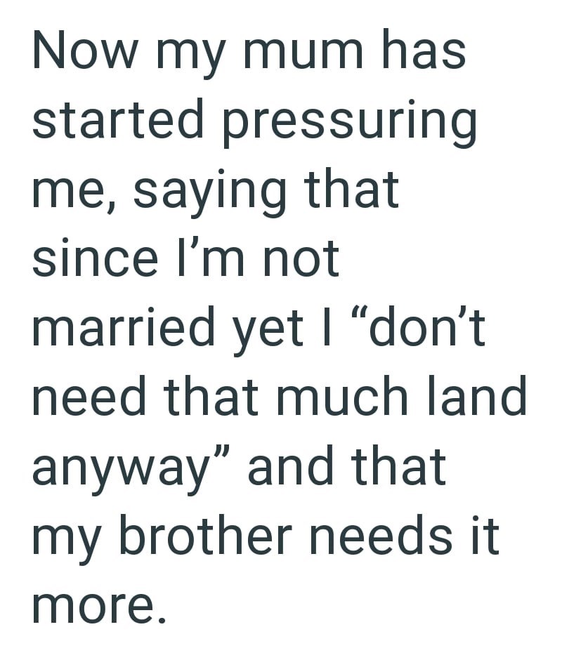 Now my mum has started pressuring me, saying that since I'm not married yet I "don't need that much land anyway" and that my brother needs it more.