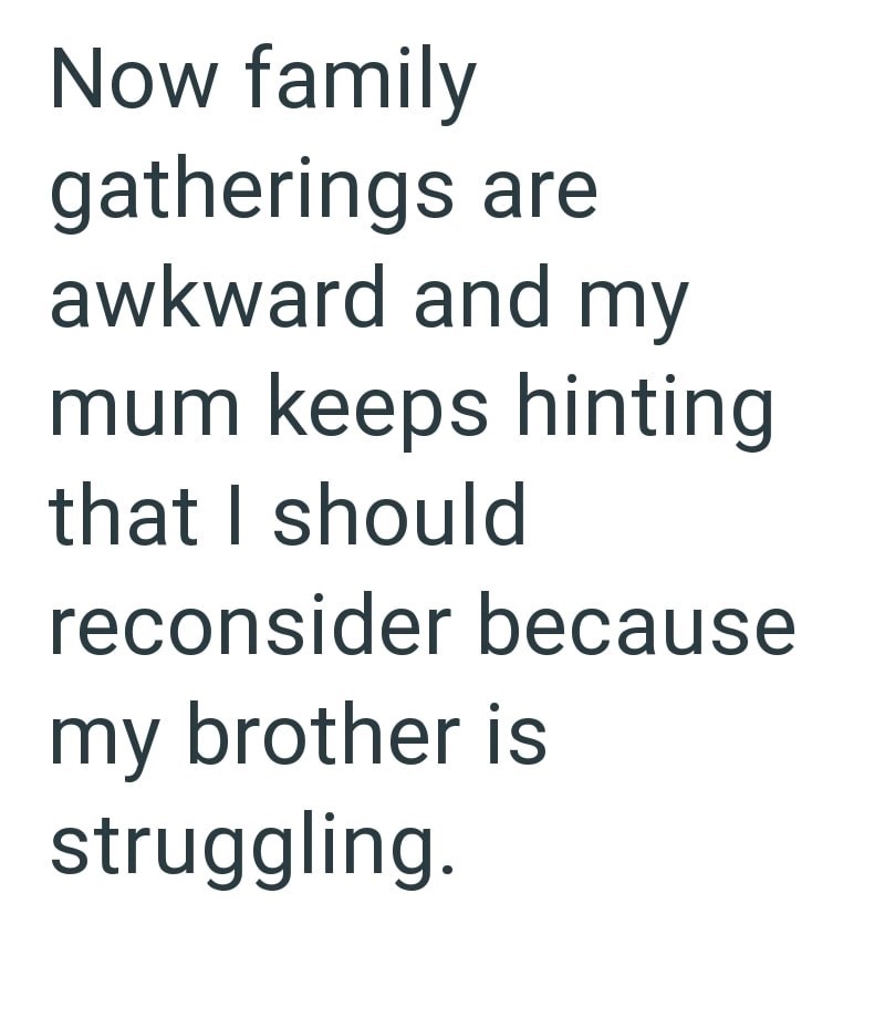Now family gatherings are awkward and my mum keeps hinting that I should reconsider because my brother is struggling.