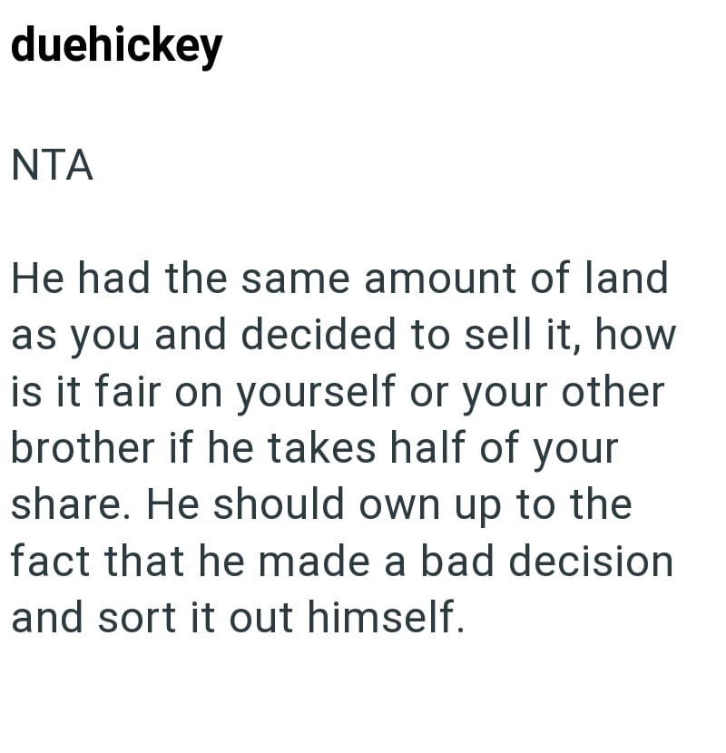 duehickey NTA He had the same amount of land as you and decided to sell it, how is it fair on yourself or your other brother if he takes half of your share. He should own up to the fact that he made a bad decision and sort it out himself.