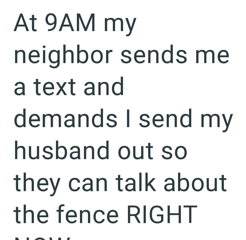At 9AM my neighbor sends me a text and demands I send my husband out so they can talk about the fence RIGHT