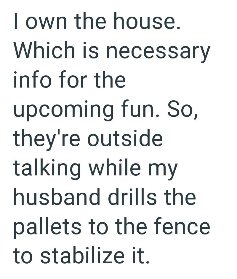 I own the house. Which is necessary info for the upcoming fun. So, they're outside talking while my husband drills the pallets to the fence to stabilize it.