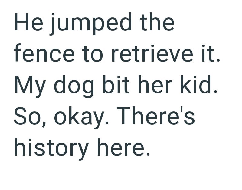He jumped the fence to retrieve it. My dog bit her kid. So, okay. There's history here.
