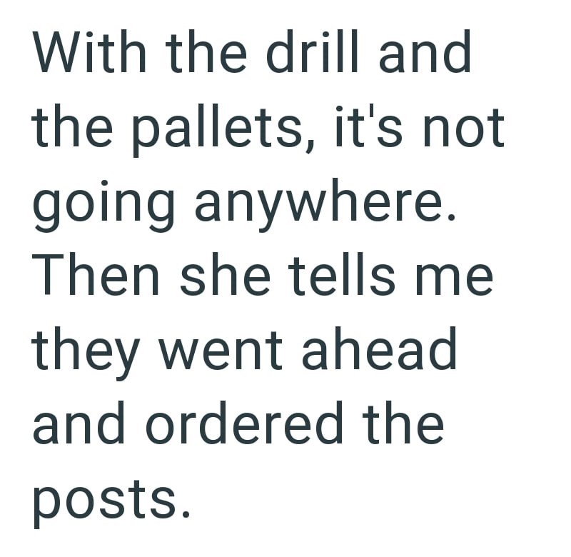 With the drill and the pallets, it's not going anywhere. Then she tells me they went ahead and ordered the posts.