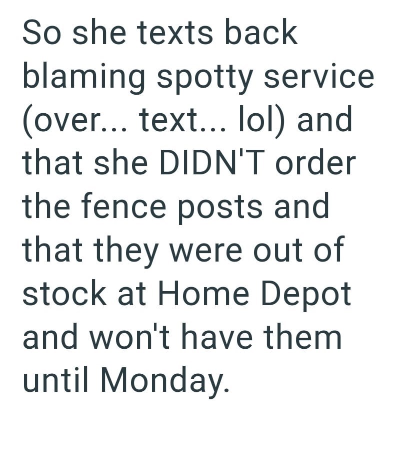 So she texts back blaming spotty service (over... text... lol) and that she DIDN'T order the fence posts and that they were out of stock at Home Depot and won't have them until Monday.