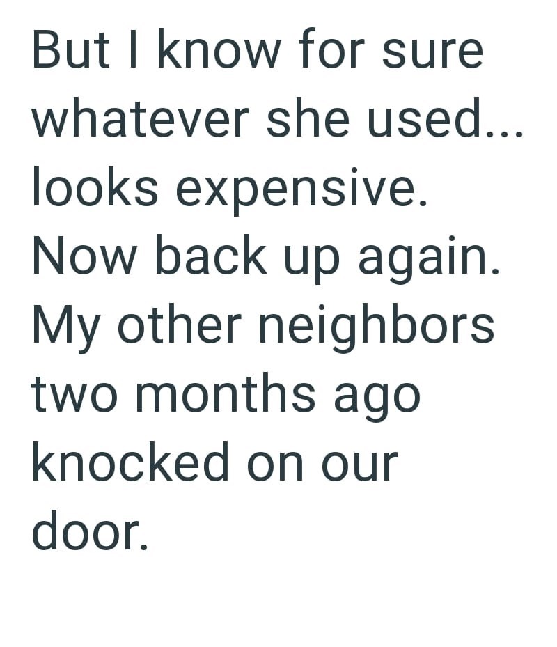 But I know for sure whatever she used... looks expensive. Now back up again. My other neighbors two months ago knocked on our door.