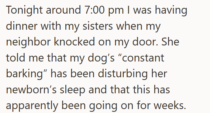 Tonight around 7:00 pm I was having dinner with my sisters when my neighbor knocked on my door. She told me that my dog's "constant barking" has been disturbing her newborn's sleep and that this has apparently been going on for weeks.