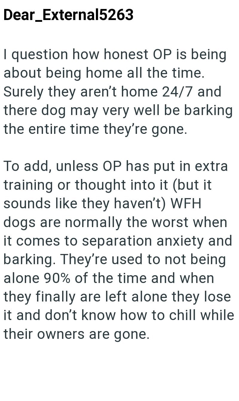 Dear_External5263 I question how honest OP is being about being home all the time. Surely they aren't home 24/7 and there dog may very well be barking the entire time they're gone. To add, unless OP has put in extra training or thought into it (but it sounds like they haven't) WFH dogs are normally the worst when it comes to separation anxiety and barking. They're used to not being alone 90% of the time and when they finally are left alone they lose it and don't know how to chill while their own
