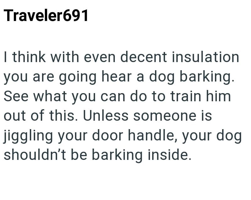 Traveler691 I think with even decent insulation you are going hear a dog barking. See what you can do to train him out of this. Unless someone is jiggling your door handle, your dog shouldn't be barking inside.