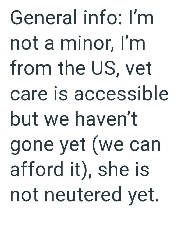 General info: I'm not a minor, I'm from the US, vet care is accessible but we haven't gone yet (we can afford it), she is not neutered yet.