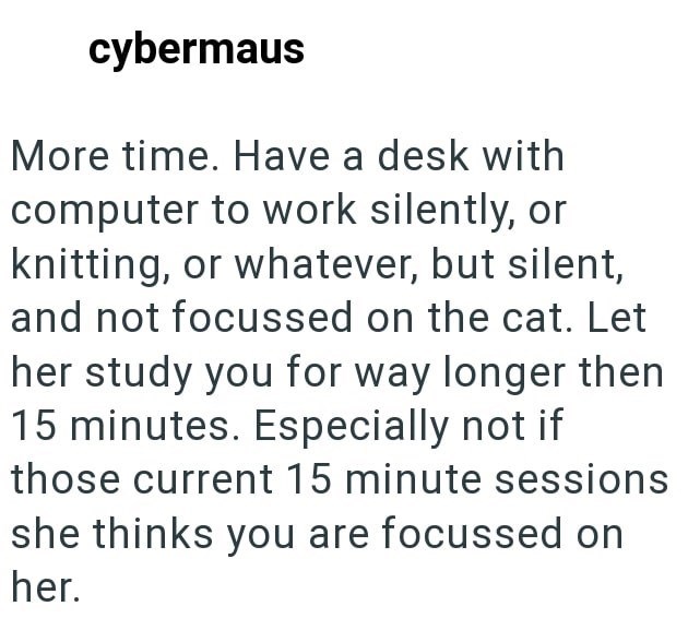 cybermaus More time. Have a desk with computer to work silently, or knitting, or whatever, but silent, and not focussed on the cat. Let her study you for way longer then 15 minutes. Especially not if those current 15 minute sessions she thinks you are focussed on her.