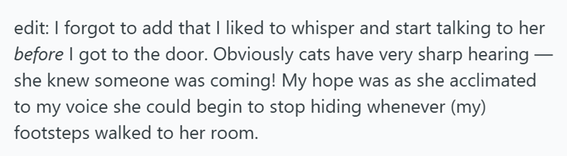 edit: I forgot to add that I liked to whisper and start talking to her before I got to the door. Obviously cats have very sharp hearing- she knew someone was coming! My hope was as she acclimated to my voice she could begin to stop hiding whenever (my) footsteps walked to her room.