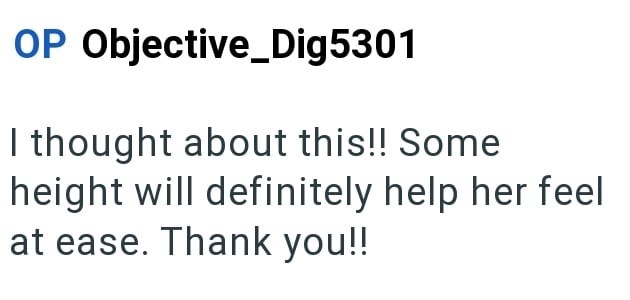 OP Objective_Dig5301 I thought about this!! Some height will definitely help her feel at ease. Thank you!!