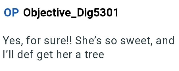 OP Objective_Dig5301 Yes, for sure!! She's so sweet, and I'll def get her a tree