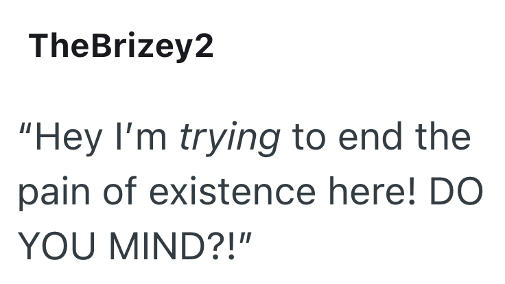 TheBrizey2 "Hey I'm trying to end the pain of existence here! DO YOU MIND?!"
