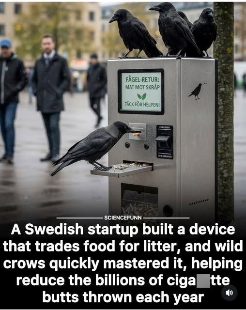 FÅGEL-RETUR: MAT MOT SKRAP TACK FÖR HELPEN! -SCIENCEFUNN A Swedish startup built a device that trades food for litter, and wild crows quickly mastered it, helping reduce the billions of ciga tte butts thrown each year
