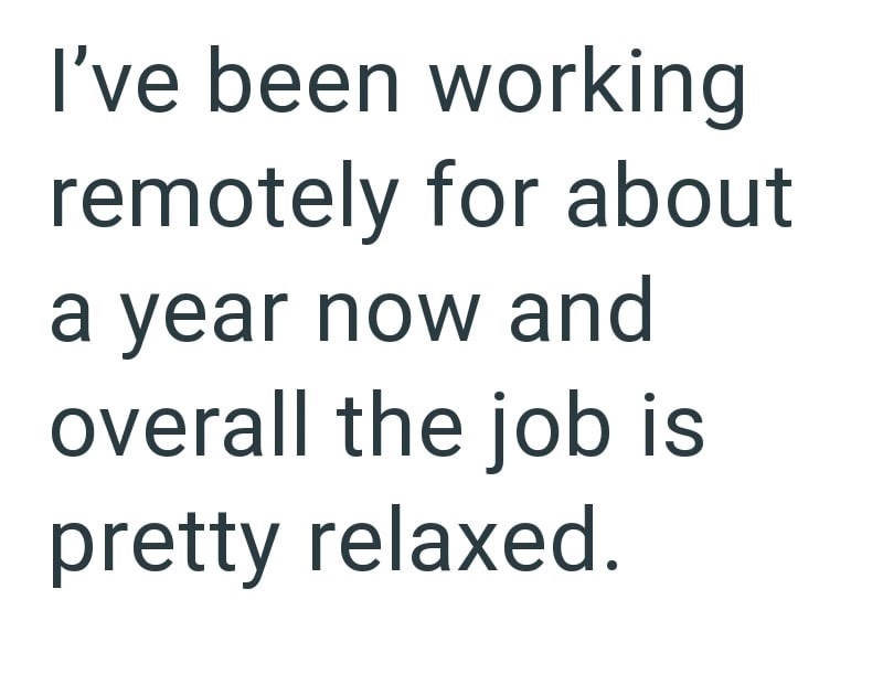 I've been working remotely for about a year now and overall the job is pretty relaxed.