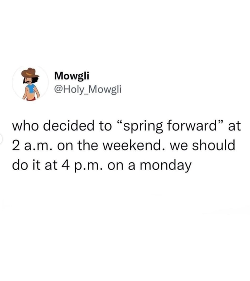 Mowgli @Holy_Mowgli who decided to "spring forward" at 2 a.m. on the weekend. we should do it at 4 p.m. on a monday