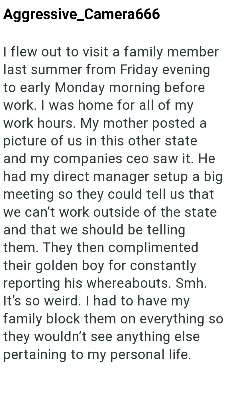 Aggressive Camera666 I flew out to visit a family member last summer from Friday evening to early Monday morning before work. I was home for all of my work hours. My mother posted a picture of us in this other state and my companies ceo saw it. He had my direct manager setup a big meeting so they could tell us that we can't work outside of the state and that we should be telling them. They then complimented their golden boy for constantly reporting his whereabouts. Smh. It's so weird. I had to h