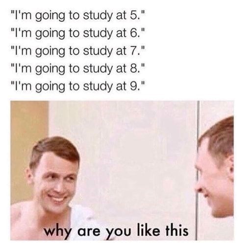 "I'm going to study at 5. "I'm going to study at 6.' "I'm going to study at 7." "I'm going to study at 8.' "I'm going to study at 9.' why are you like this