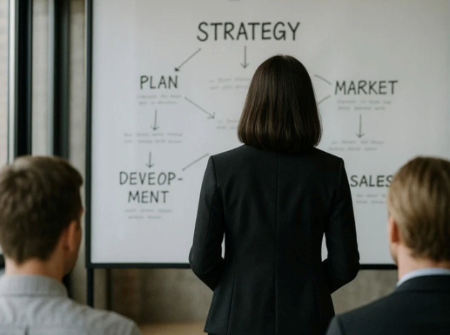 Marketing director making a presentation to senior executives about her team's work. 