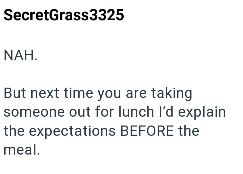 SecretGrass3325 NAH. But next time you are taking someone out for lunch I'd explain the expectations BEFORE the meal.