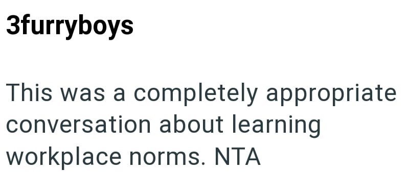 3furryboys This was a completely appropriate conversation about learning workplace norms. NTA